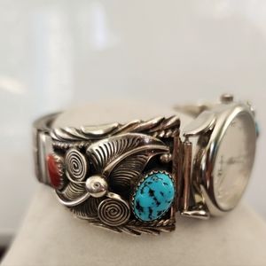 Navajo Watch Tips Watchband Sterling Coral Turquoise